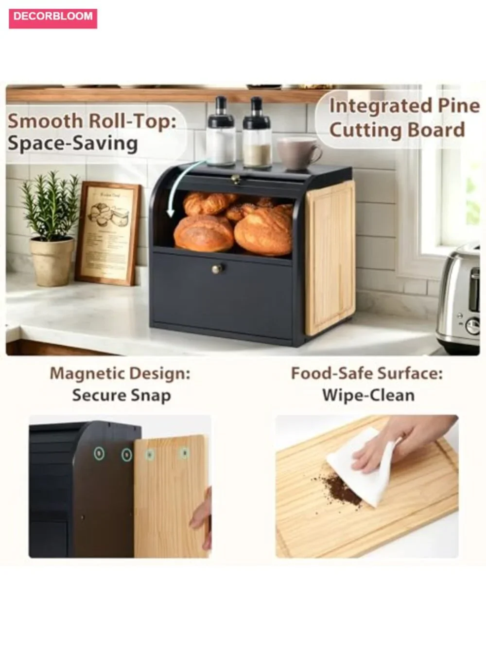 Wooden Roll Top Bread Box for Kitchen Countertop, 2-Tier Pine Storage